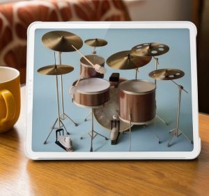 A tablet showing a drum set being played in the Aerodrums 2 app