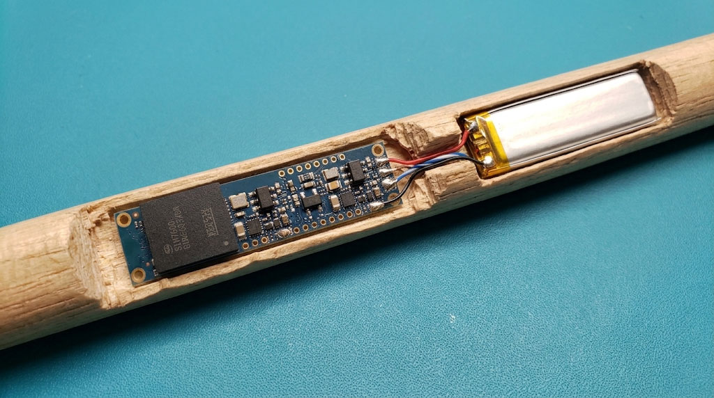 Drumstick with Intel Curie board and battery inside